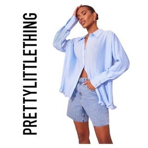 Pretty Little Thing | Dusty Blue Chiffon Pleated Oversized Cuff Shirt | Size 0